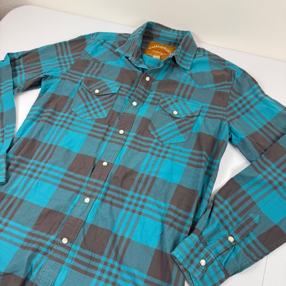 Red Camel Mens Teal Brown Plaid Western Pearl Snap Shirt Long Sleeve Size M
